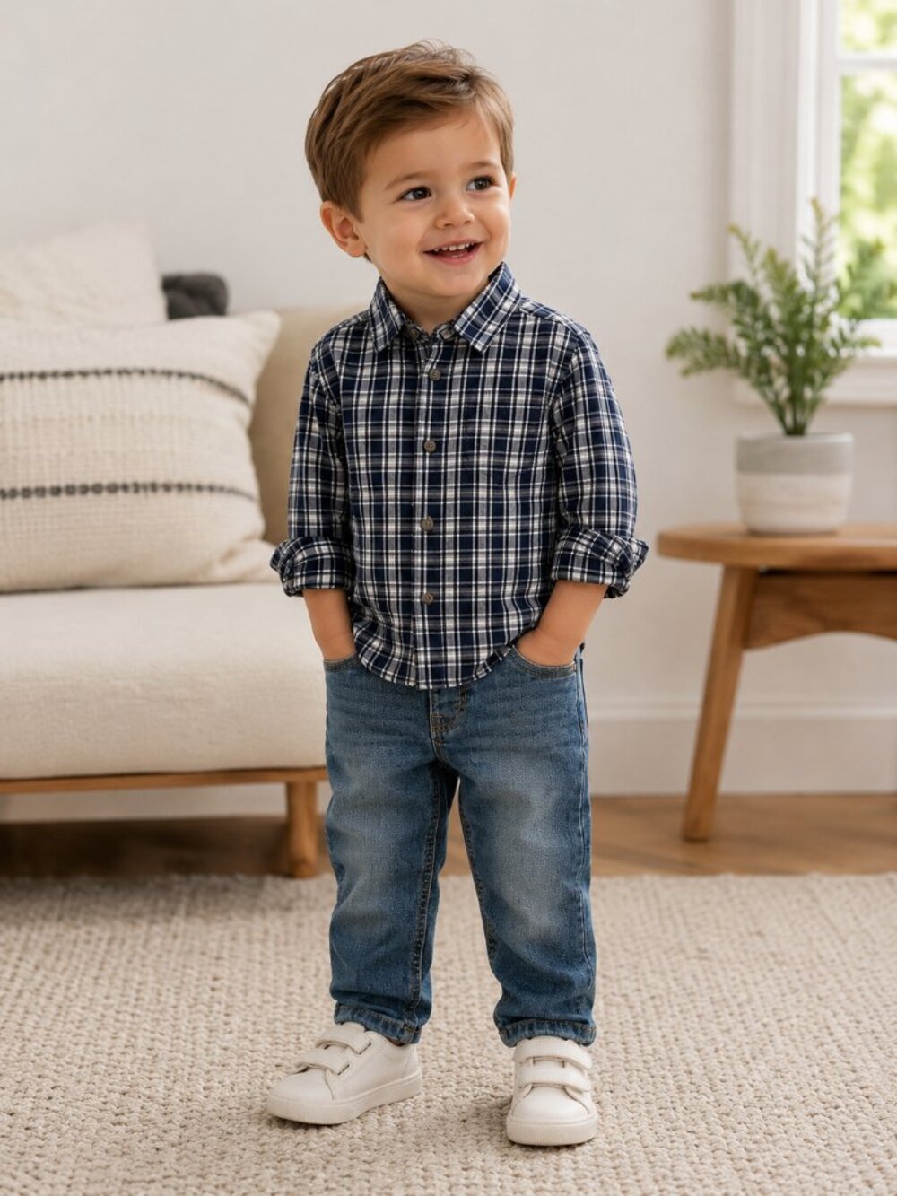 NWT OshKosh B’gosh Toddler Boy Outfit 24 Months 2T Plaid Shirt Blue Jeans Set